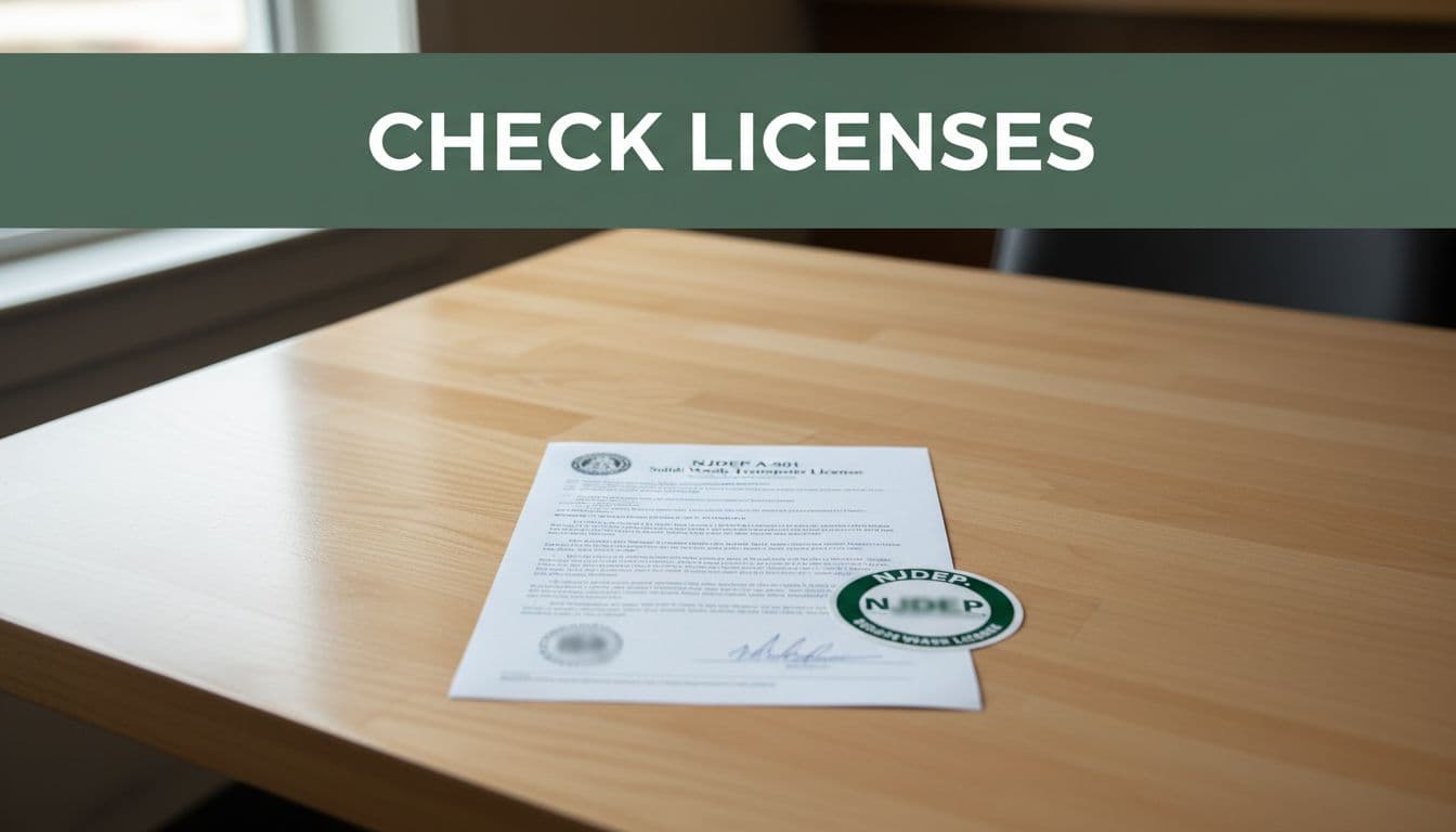 Editorial image with a muted dark-green header band featuring 'Check Licenses' in bold white text, below which an official NJDEP A-901 solid waste transporter license document and decal sticker are centered on a clean wooden desk in a restaurant office, captured in realistic photo style with soft natural daylight and muted tones.