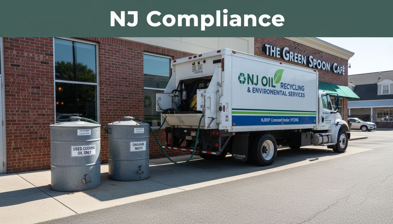 A licensed recycling truck collects used cooking oil from locked steel containers outside a New Jersey restaurant in a daytime scene. Bold 'NJ Compliance' headline in a dark-green band at the top, realistic photo style with wide composition and no people.