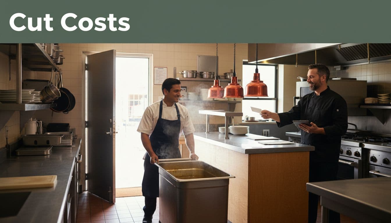 Busy restaurant kitchen during shift change with staff pushing used cooking oil bin to door and manager at counter, clean floors, warm lighting, 'Cut Costs' headline overlay.