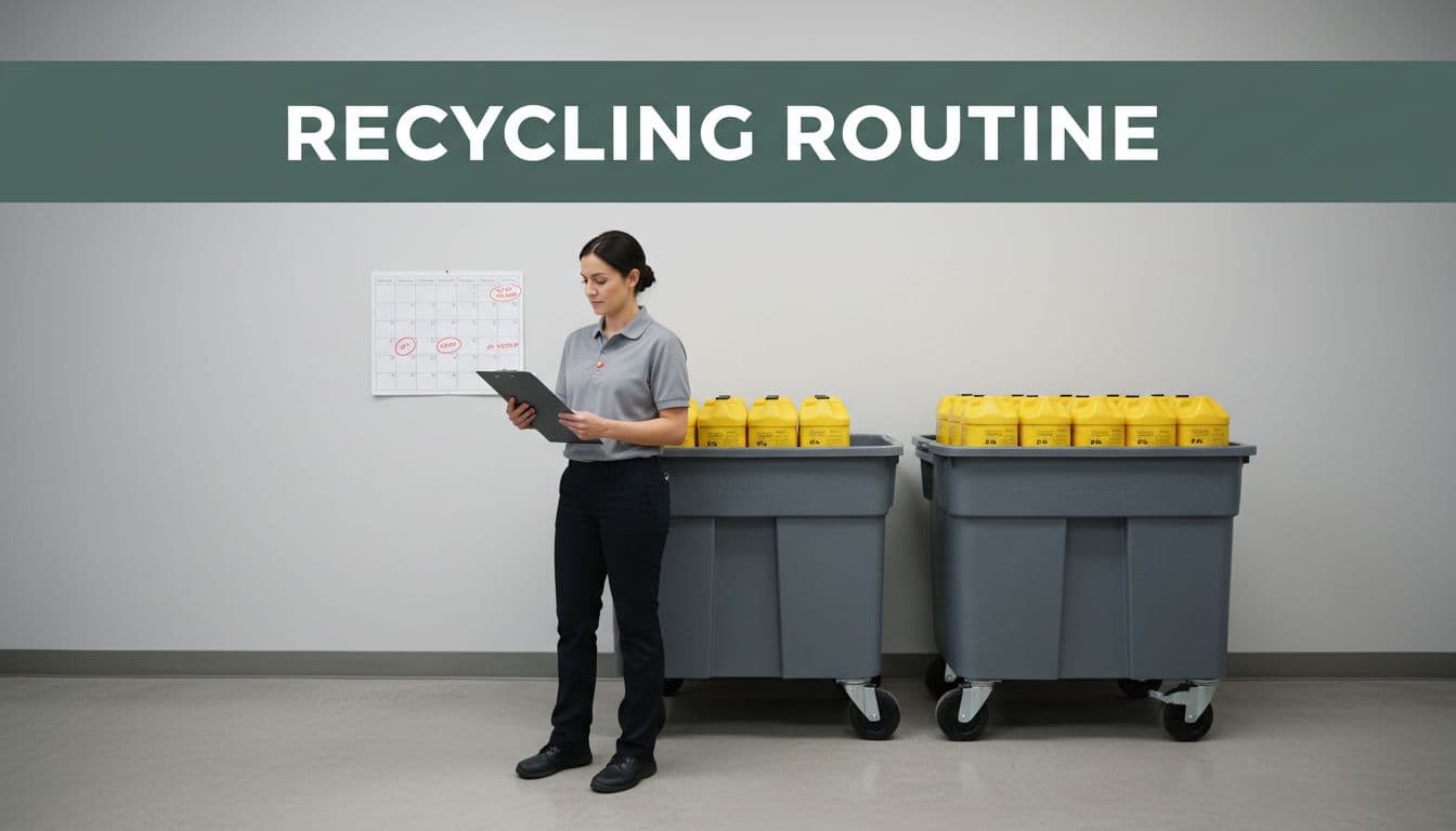 Restaurant manager reviews pickup schedule on clipboard next to rolling bins of used cooking oil in clean storage area, with calendar on wall.