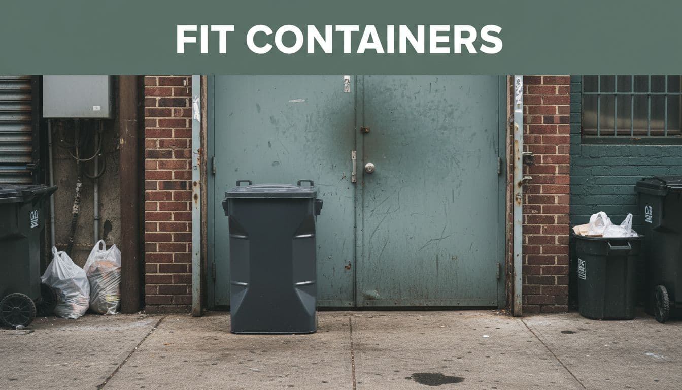 Sturdy outdoor locking steel container for used cooking oil next to a restaurant back door in urban New Jersey, topped with a dark-green branded band featuring 'Fit Containers' headline in bold white text.