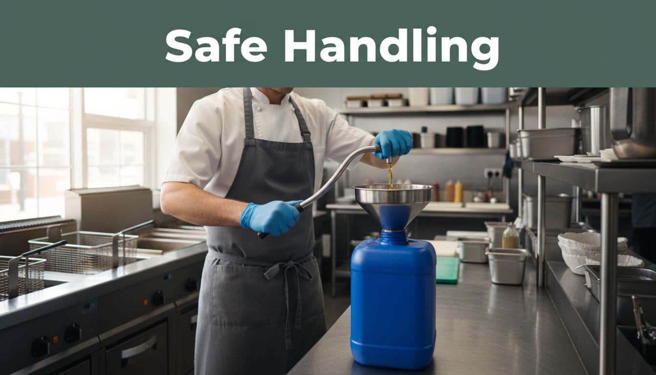 Commercial kitchen staff wearing gloves and apron transfers cooled used cooking oil from fryer to sealed container using hand pump and funnel on stainless steel counter, with busy restaurant kitchen background.