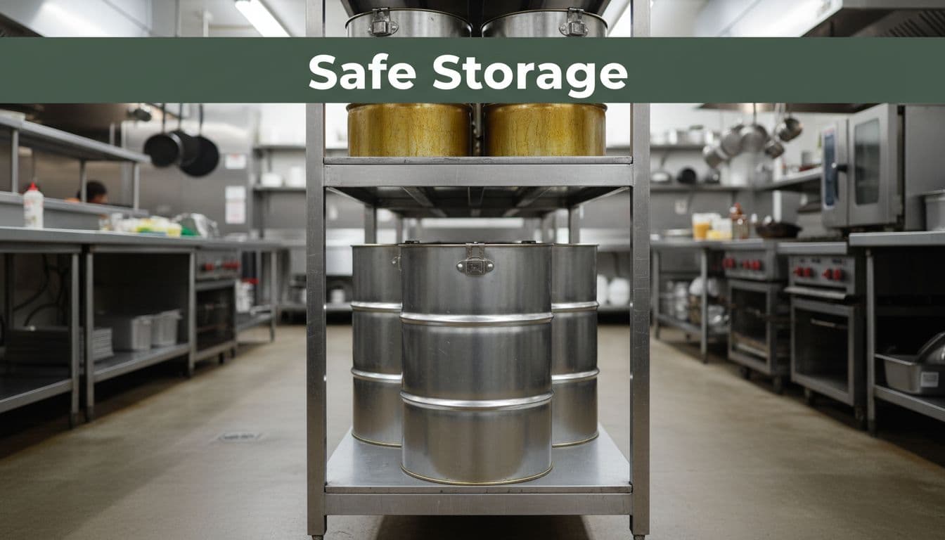 Leak-proof metal drums filled with cooled used cooking oil stored on a sturdy metal shelf in a busy commercial restaurant kitchen, featuring a focal drum in the foreground and a branded 'Safe Storage' headline band.