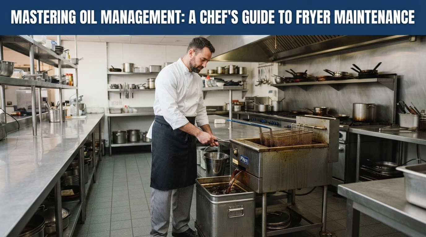 A chef stands beside a commercial deep fryer in a stainless steel kitchen.