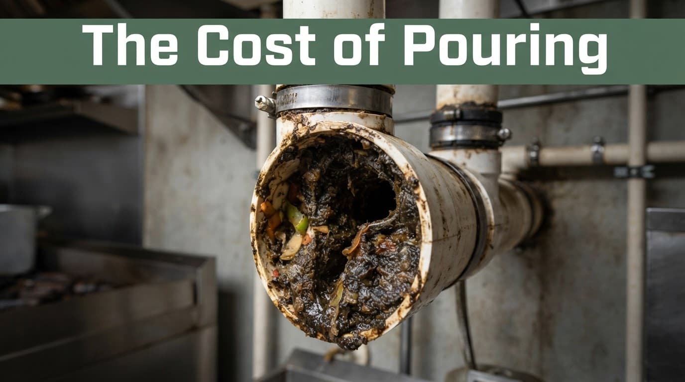 A cutaway drain pipe packed with grease and food waste beneath a dark green headline band.