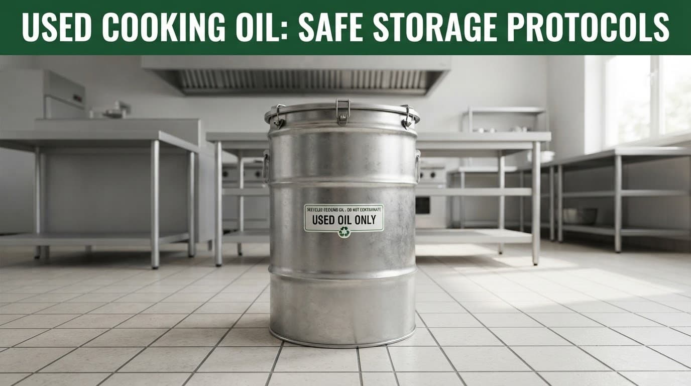 A stainless steel oil storage drum on a clean tiled kitchen floor.