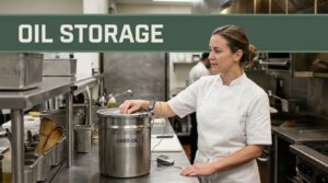 Chef standing beside a sealed used-oil container with a temperature probe.