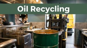 A worker loads a drum of used cooking oil beside stainless-steel fryers.