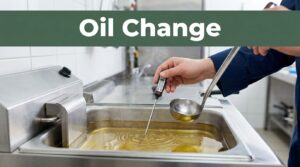 A hand checks golden fryer oil with a thermometer and ladle.