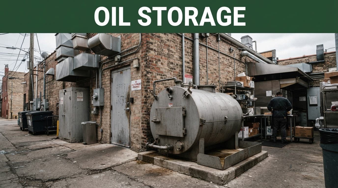 A steel oil tank sits beside a commercial kitchen with one person in the background.