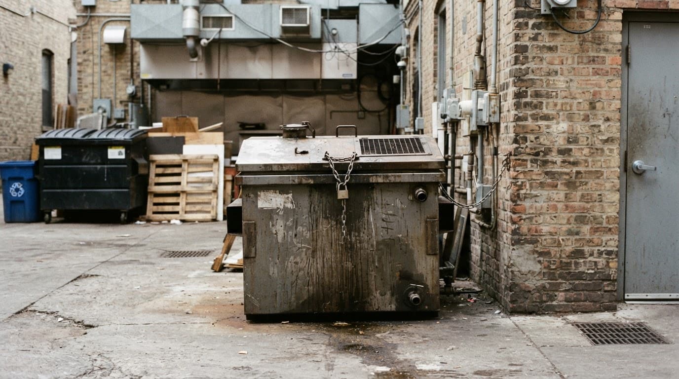 A steel container for used cooking oil sits behind a restaurant kitchen.