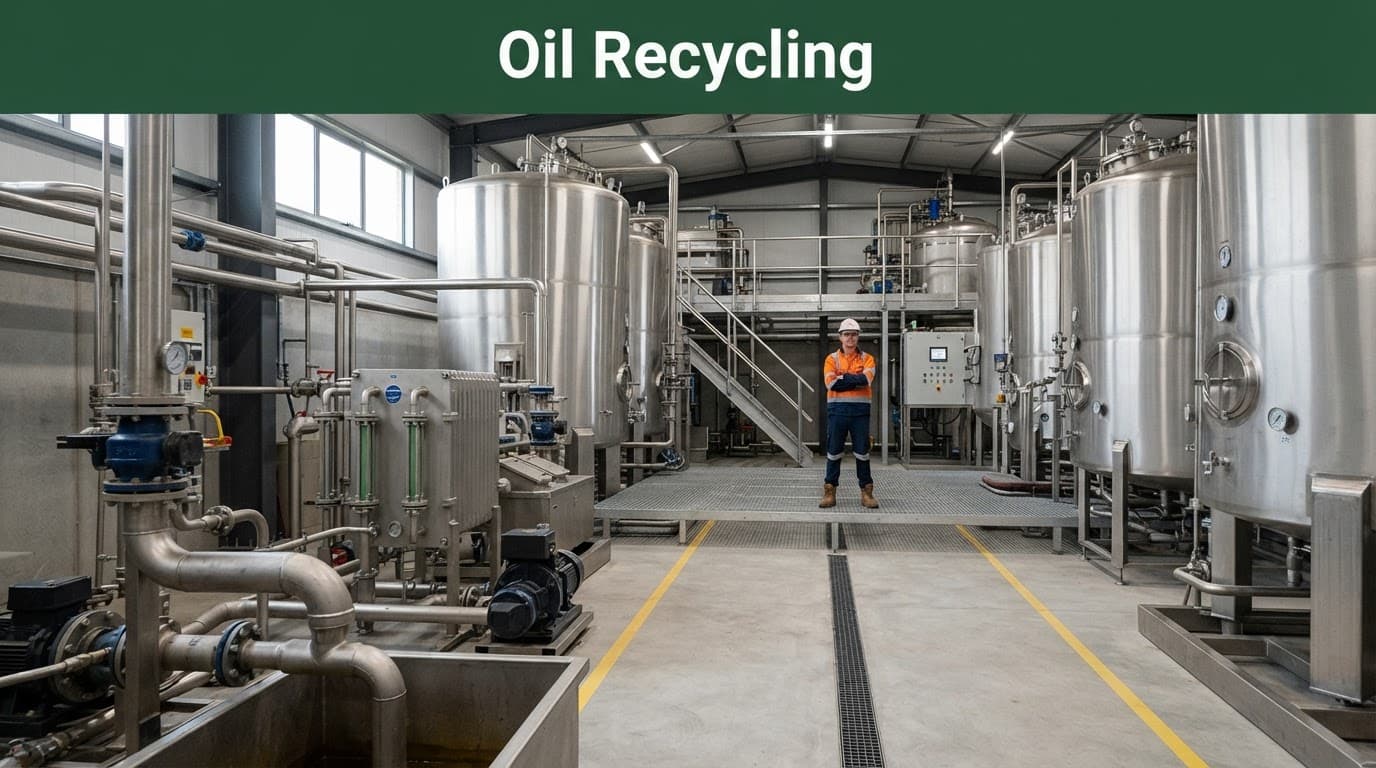 Worker beside stainless steel tanks and filtration equipment in an oil recycling facility.