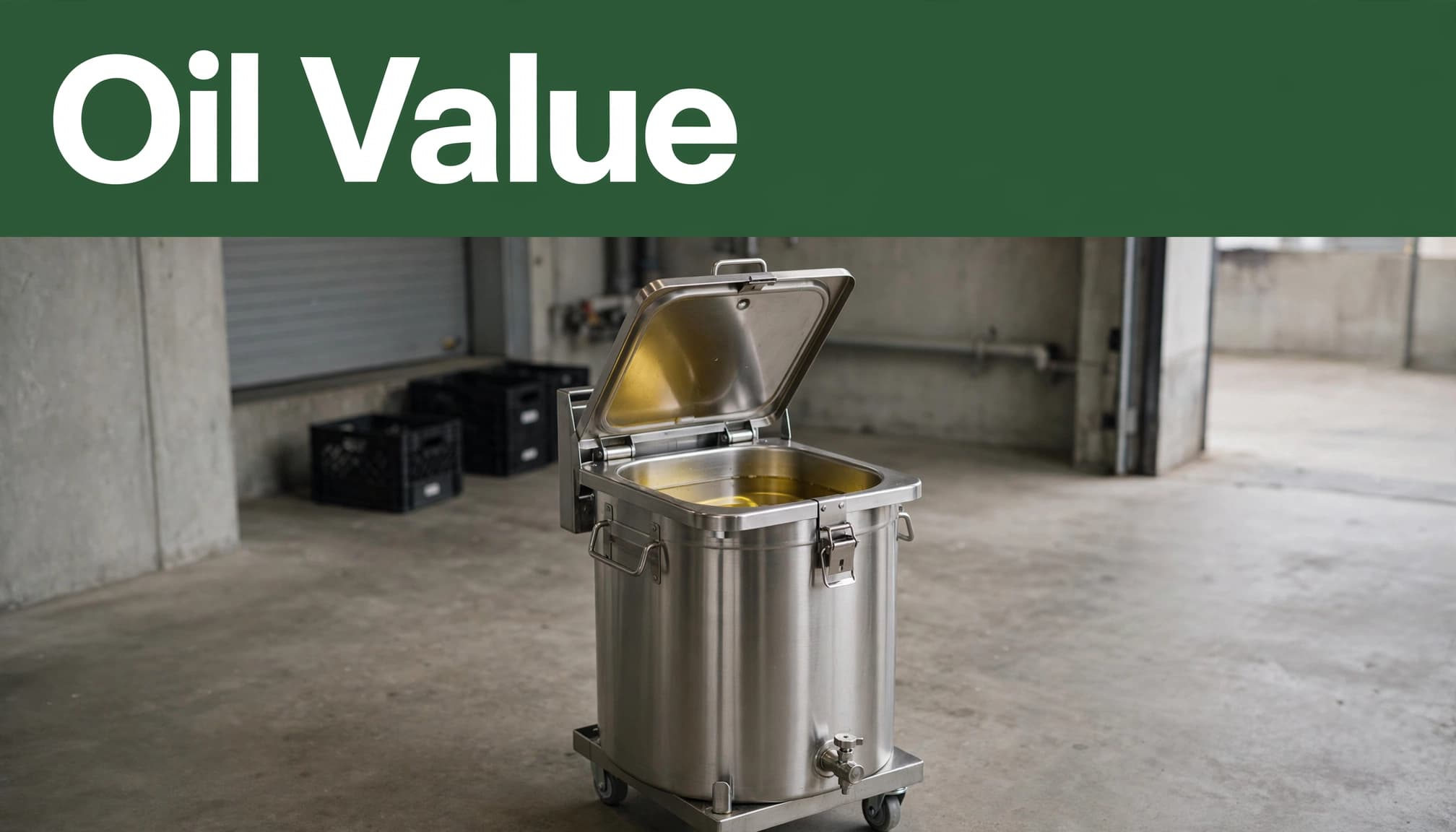 A stainless-steel oil bin with golden fryer oil beside a restaurant loading area.