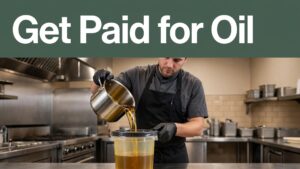 A worker pours golden fryer oil into a sealed container beneath a green “Get Paid for Oil” banner.
