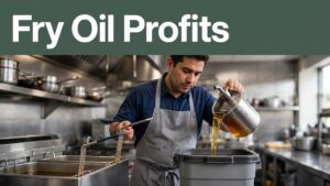 Worker pouring used fryer oil into a collection container in a commercial kitchen.