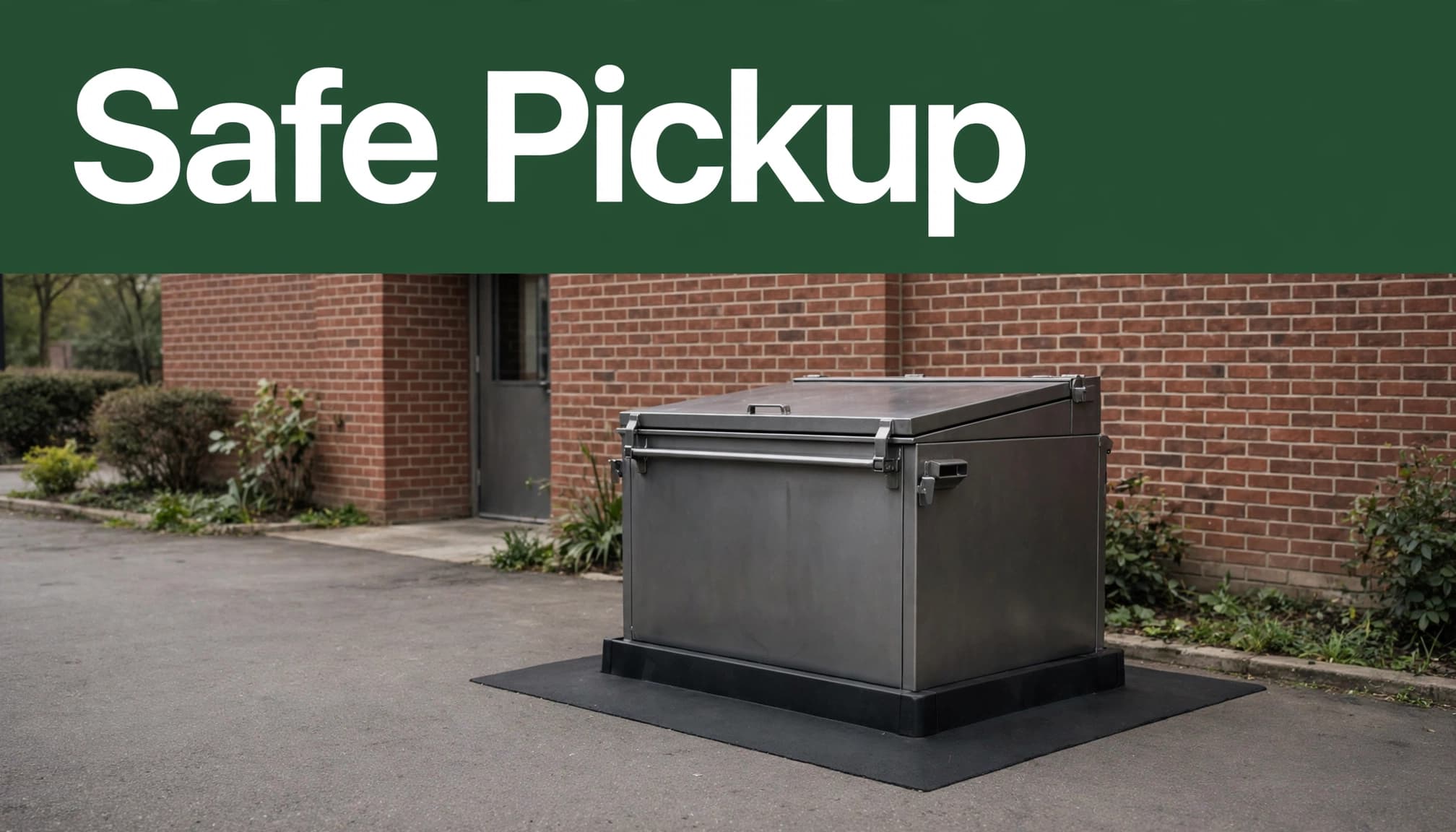 A closed steel oil bin beside a clean restaurant service entrance.