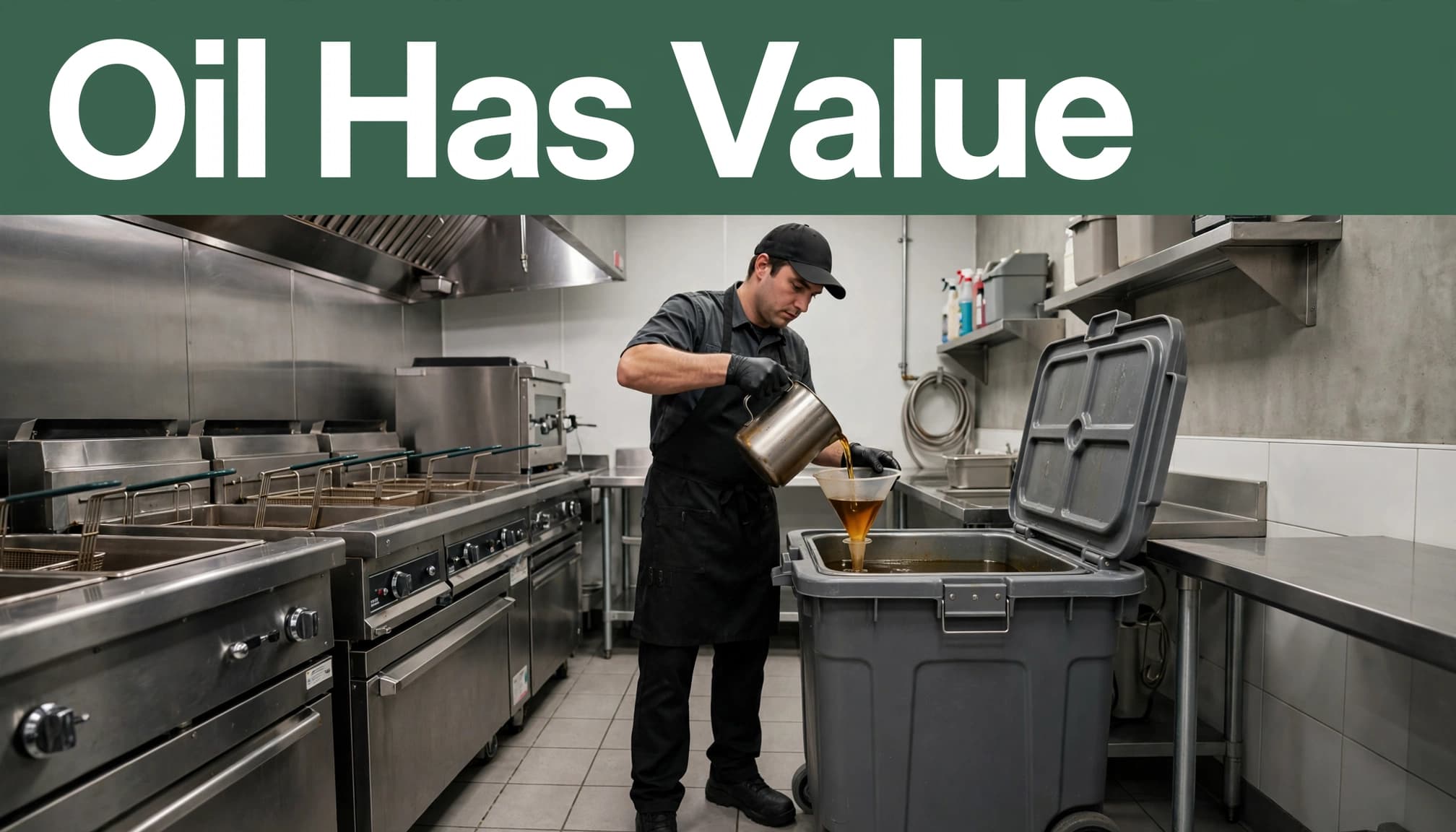 A restaurant worker pours used fryer oil into a sealed rolling bin beside stainless steel fryers.