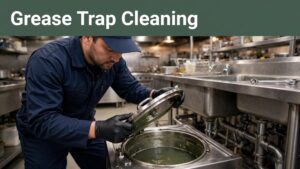 A plumber opens a grease trap beneath a restaurant sink.