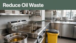 A fryer and pot of golden oil sit beside a sealed yellow recycling container.