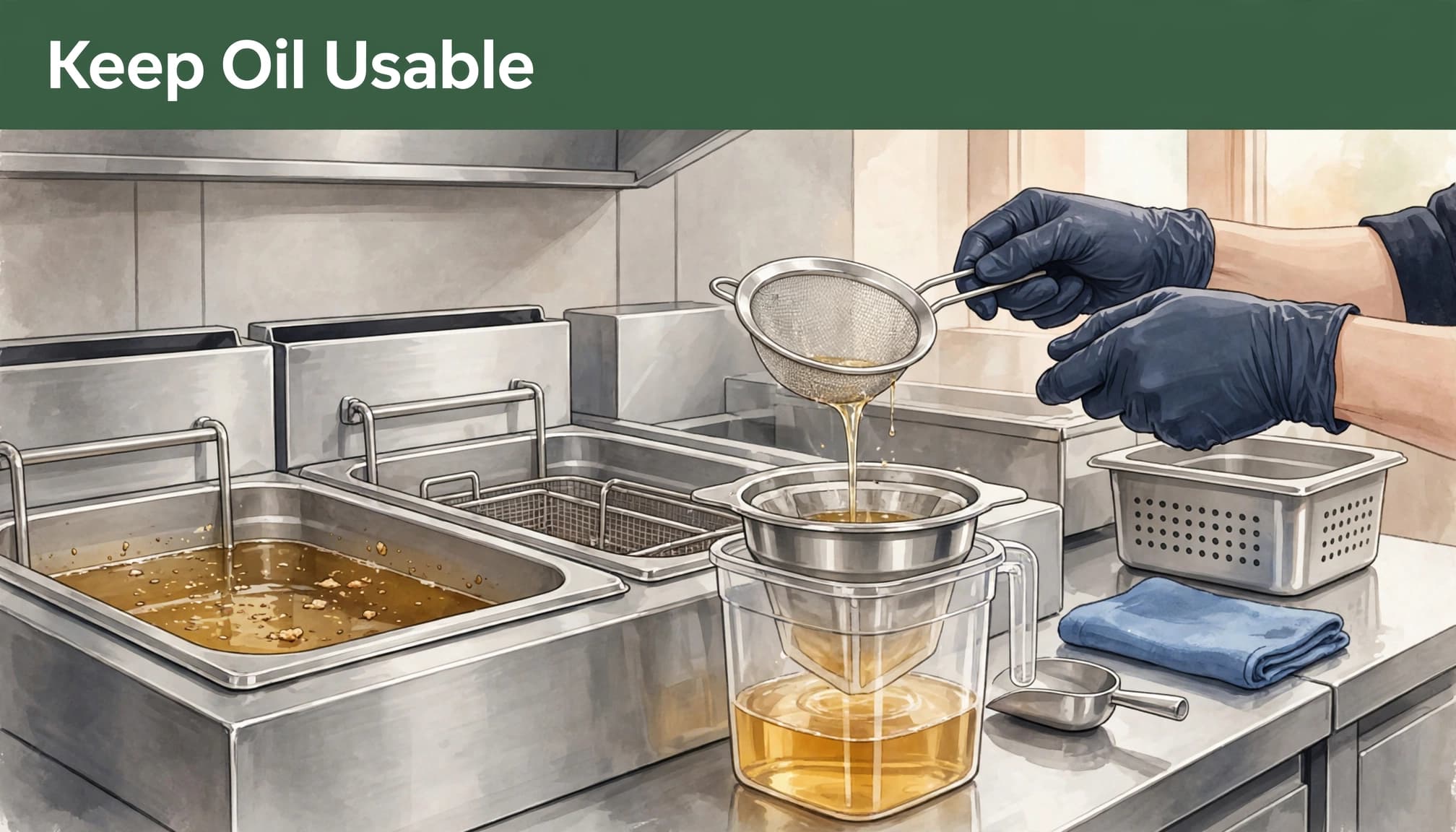 A gloved person filters oil with a strainer above a container, with the headline Keep Oil Usable.