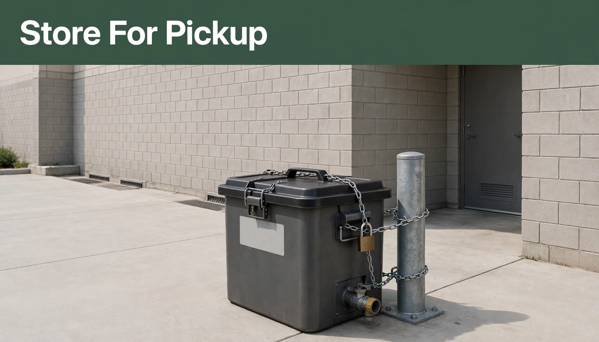 An outdoor service area with a chained and locked cooking oil container bearing the headline Store For Pickup.